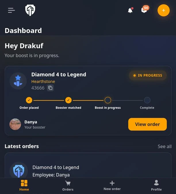 BuyBoosting-klantendashboard met een lopende boost-bestelling, voortgangsfasen en booster-chat